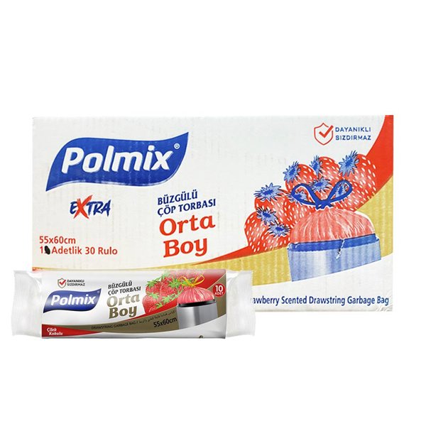 48765-3.jpg Polmix P140 Çöp Torbası Büzgülü Orta Boy Çilek Kokulu 55 x 60 cm 10 Adet - Kırmızı (30 Adet) - Görsel 1